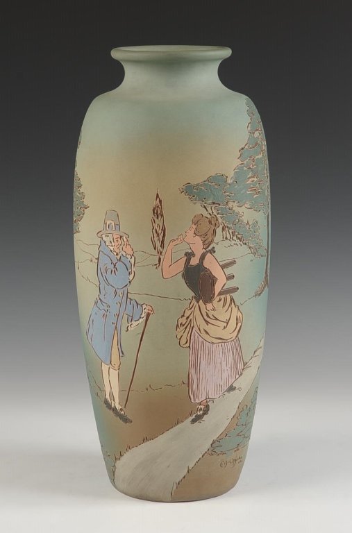 15 INCH WELLER DICKENS WARE ARTIST SIGNED VASE DATED: Matte glaze, signature inscribed 'E.B. Upjohn 1902' and signed again 'ES' with glaze, marked with the half circle seal on the bottom, measures 15 x 6 inches. Please note that this item will be shipped