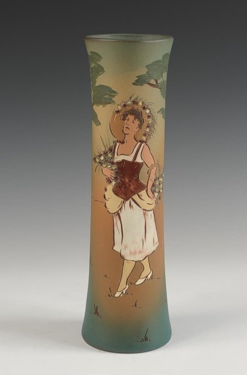 12 INCH WELLER DICKENS WARE VASE: Matte glaze, marked with the half circle seal, measures 12.25 x 3.5 inches. Please note that this item will be shipped by our in-house shipping department and is subject to a 14 day return policy guar