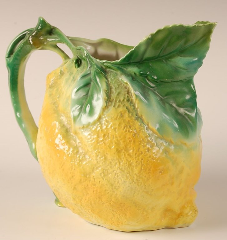 ROYAL BAYREUTH FIGURAL LEMON WATER PITCHER: Blue inkstamp #9, measures 6.75 x 8 inches. Please note that this item will be shipped by our in-house shipping department and is subject to a 14 day return policy guarantee. If any piece in this lot 