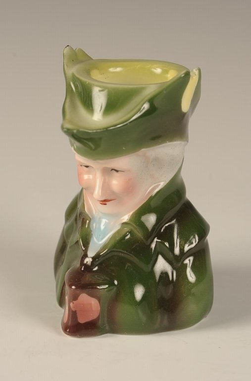 ROYAL BAYREUTH FIGURAL LAMPLIGHTER TOOTHPICK HOLDER: Green glaze, blue inkstamp #9, measures 3.5 x 2.75 inches. Please note that this item will be shipped by our in-house shipping department and is subject to a 14 day return policy guarantee. If any pie