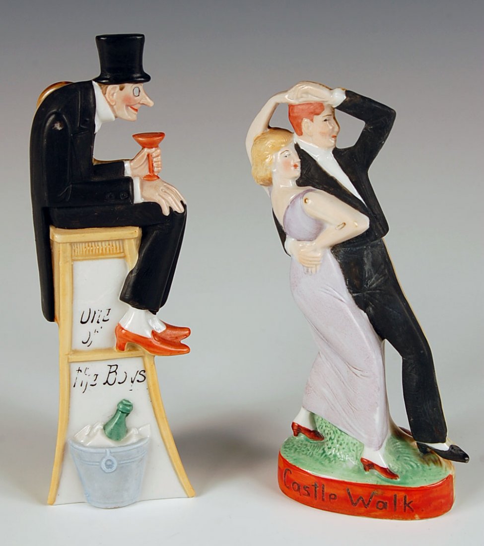 SCHAFER & VATER DANCING COUPLE & ONE OF THE BOYS FLASKS: Castle Walk' dancing couple flask, color glaze front with brown back, impressed mark, measures 6.25 inches. And a 'One of the Boys' flask, color front with brown glaze back, impressed mark, measures 7