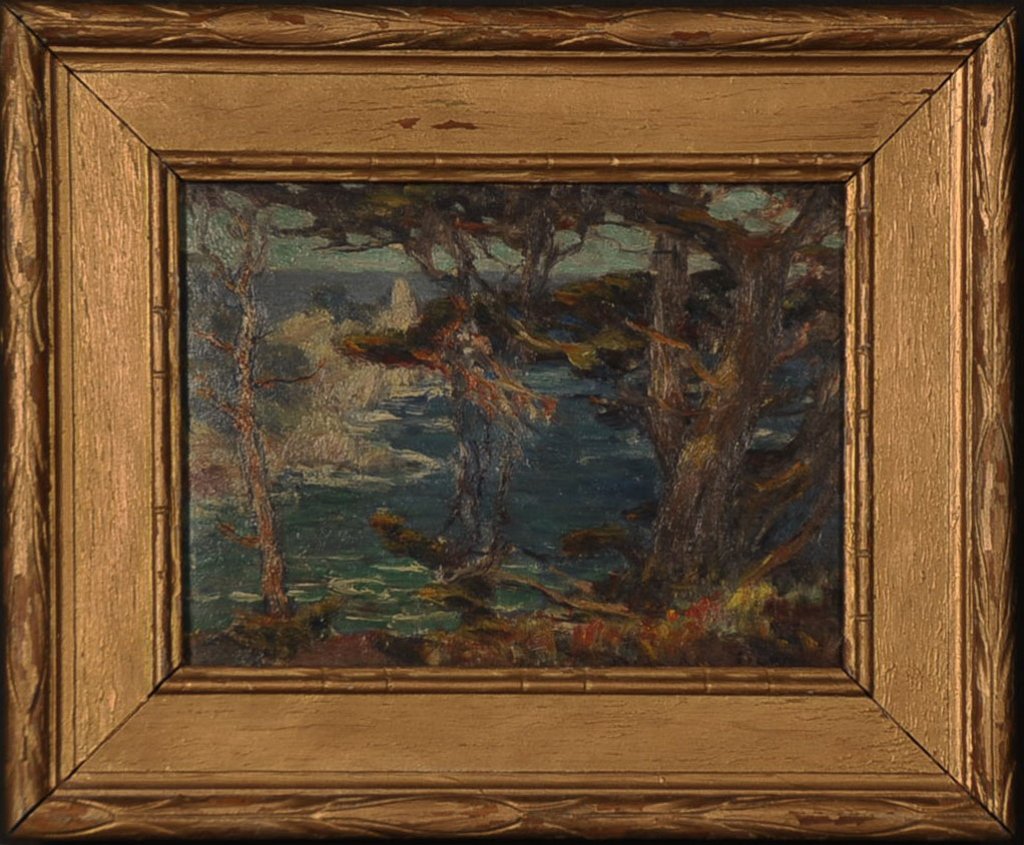 WILLIAM POSEY SILVA (California 1859-1948) OIL ON BOARD: "Point Lobos, California", signed lower right, dedication on the reverse to Dudley Craft Watson along with a date of 1917, measures 6 x 8 inches, frame measures 9.5 x 11.5 inches.