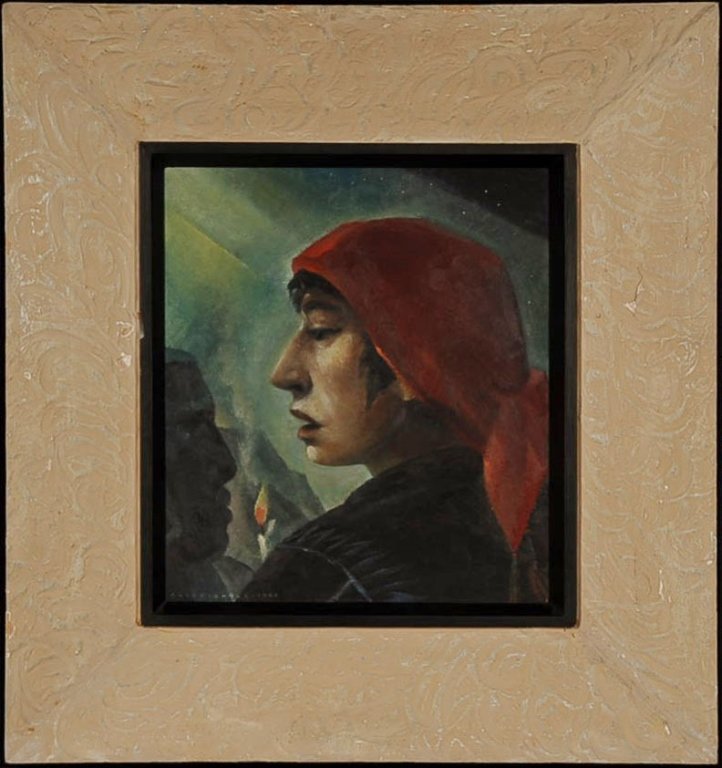 DALE WILLIAM NICHOLS (1904-1995) OIL ON PANEL: Signed lower left and dated 1964. In the early 1960s, Dale Nichols traveled to Guatemala, thus this portrait of a woman among Mayan ruins. The work itself measures 16 x 14 inches and is displayed in a