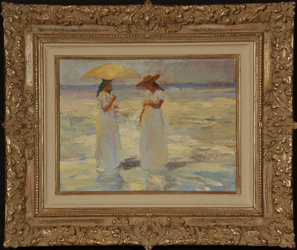 DAN McCAW (1942- ) IMPRESSIONIST OIL ON PANEL: Dan McCaw has been referred to as one of America’s most highly respected contemporary impressionists. He is well known for his serene impressionistic scenes of women and children depicted in soft to