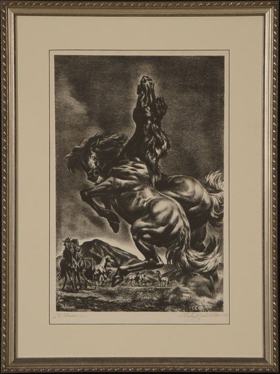 CHARLES BANKS WILSON (1918-2013) PENCIL SIGNED: Titled 'The Intruder' in the lower left, signed in the lower right and dated 1952, initialed and dated in the plate, sight size measures 19 x 12.25 inches 25.5 x 19 inches. Acid free matting and frami
