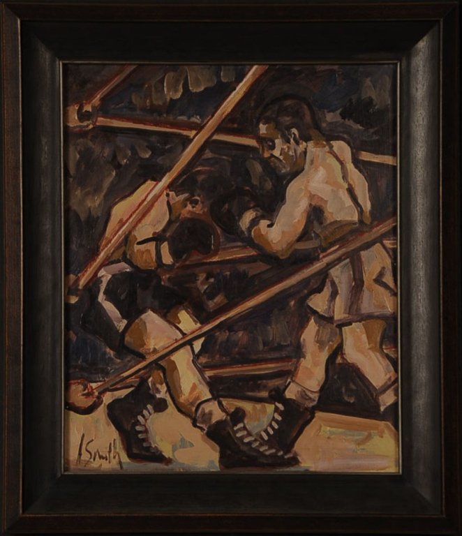 ARTHUR SMITH (1897-1972) BOXING THEME OIL ON PANEL: Signed in the lower right, panel measures 17 x 14 inches, perfectly framed to a size of 22 x 18.75 inches.