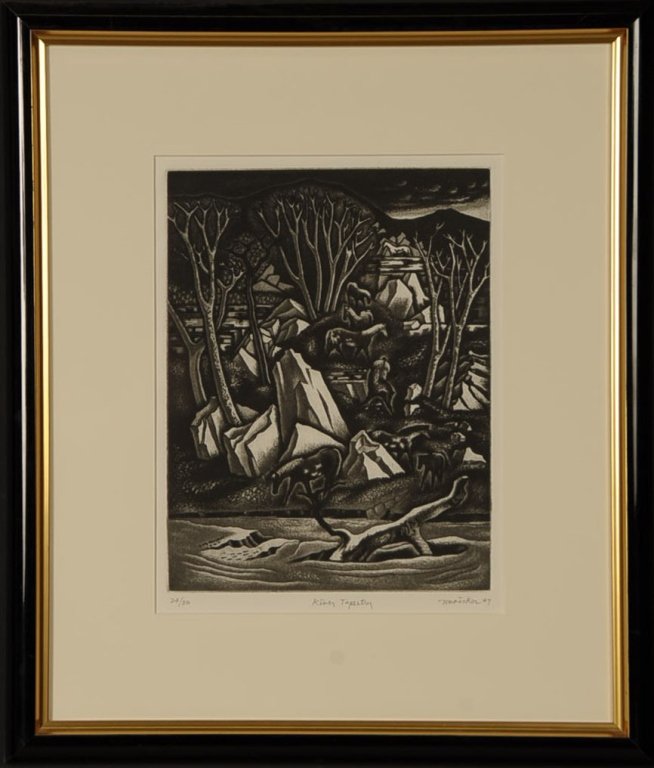 JESSE JAY McVICKER (1911-2004) 1947 PENCIL SIGNED: A very fine aquatint etching numbered 24 from an edition of only 50 prints pulled. A nice burr and a fine impression, the composition titled 'River Tapestry' in pencil lower center and signed by the a