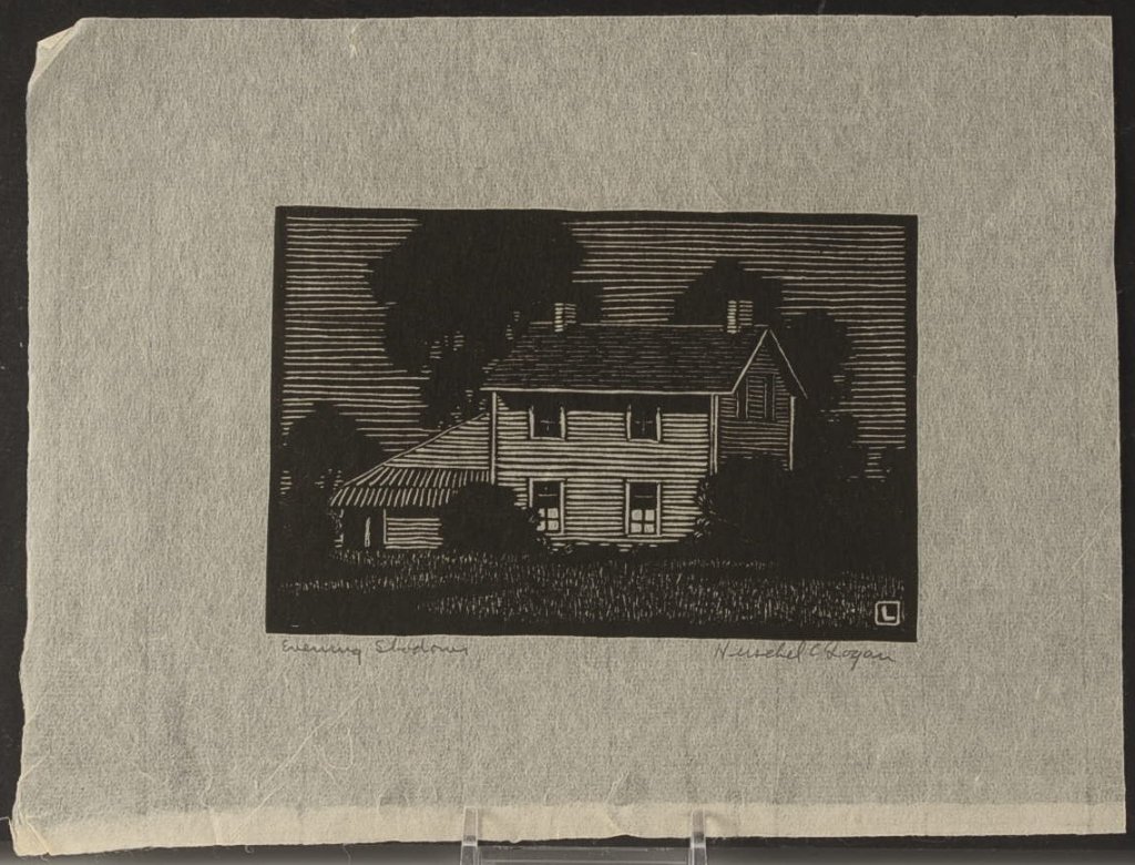 HERSCHEL LOGAN (1901-1987) PENCIL SIGNED WOODBLOCK: Titles 'Evening Shadows' and 'Summer Day' lower left, both signed lower right. 'Evening Shadows' with 3.5 x 5.25 inch image field, 6.75 x 9 inch thin laid paper sheet. 'Summer Day' with 3-3/4 x 4-7/8 