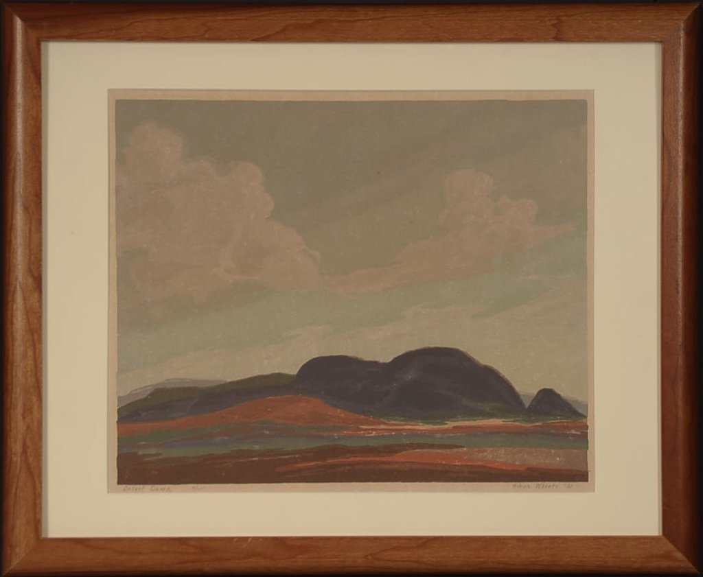 GLENN WHEETE (1884-1965) PENCIL SIGNED COLOR BLOCK: Titled 'Desert Dawn' and numbered 11/15 to lower left, signed and dated 1941 lower right. 12 x 14.75 inch image field, 18.5 x 22 inch frame. Prairie Printmaker. Includes a very old and tattered sheet 