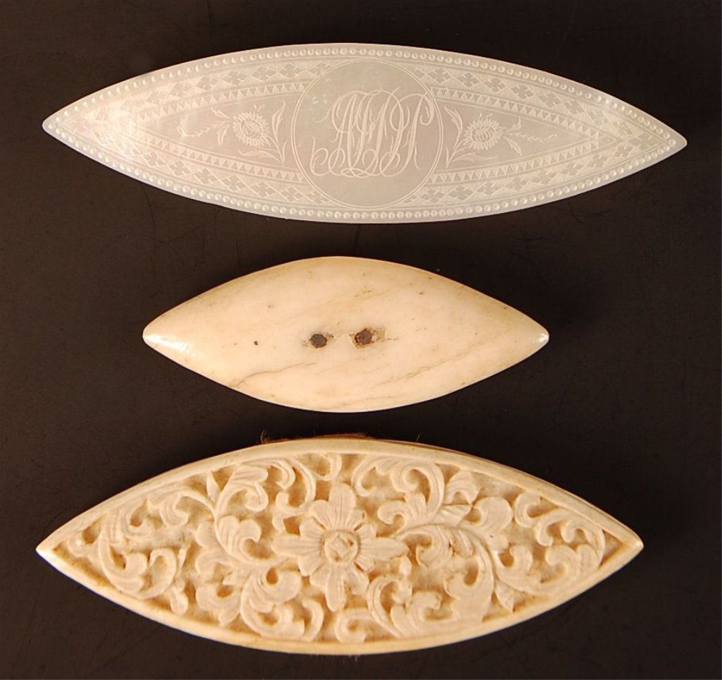 ANTIQUE BONE, MOTHER OF PEARL AND IVORY LACE TATTING: Three pieces ranging in size from 3.5 inches in length, down to 2 inches in length.