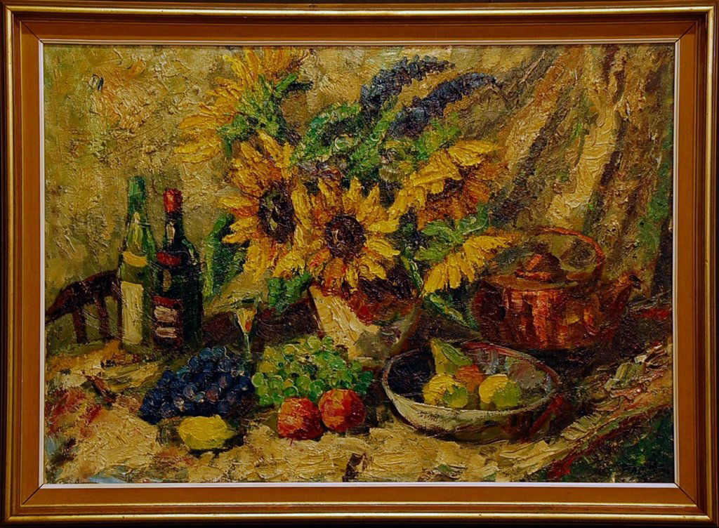 FINN ANDERSEN (1909-1987) OIL ON CANVAS: Still life oil on canvas with impasto technique floral scene measures 30.25 x 42.5 inches overall.