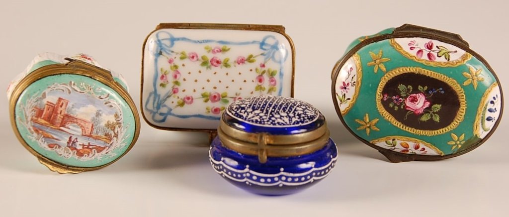 ANTIQUE BATTERSEA AND OTHER FINE SMALL BOXES: Total of four small boxes including a light green Battersea example, Circa 1800 but with minor repairs. Plus a darker green Battersea box with small area of repair to the lid, a cobalt blue box with w