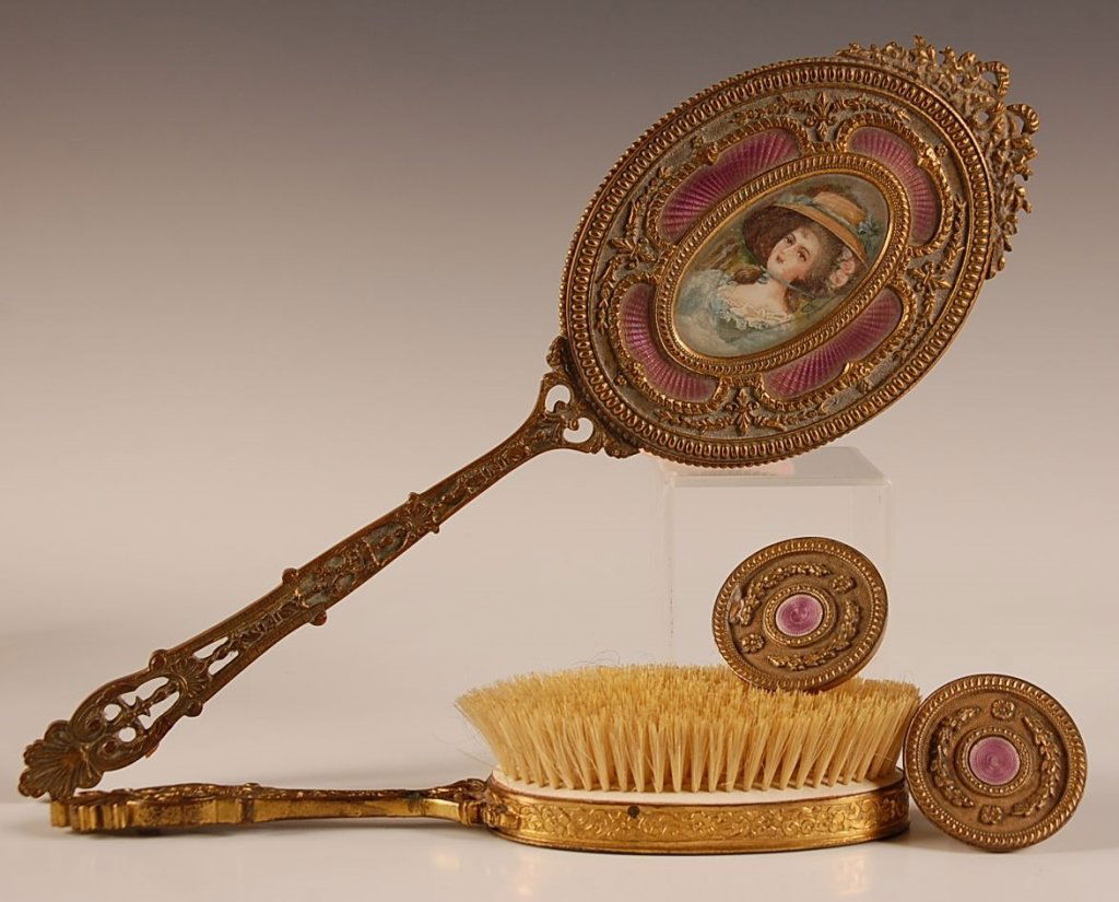 HAND MIRROR AND BRUSH WITH ENAMEL AND PAINTED PORTRAITS: Size from 2 inches in diameter, up to 14 x 4 inches.