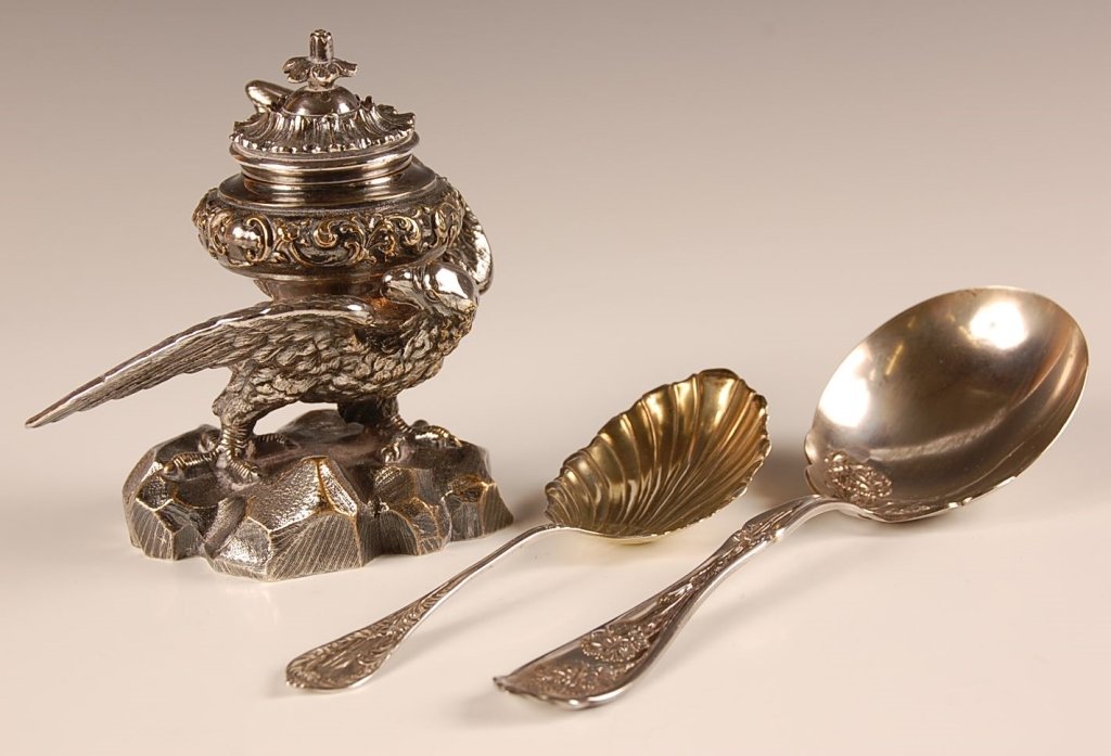SILVER PLATED EAGLE INKWELL, STERLING SPOON & A SERVING: Three pieces with hallmarks ranging in size from 6.5 inches in length, to 5.25 x 4.5 x 4 inches.
