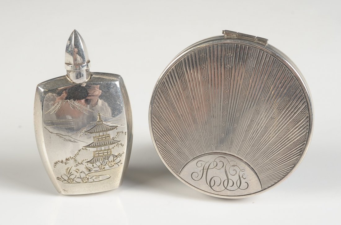 STERLING COMPACT & STERLING PERFUME: R. Blackinton Co. sterling compact, monogrammed on top, mirror in the lid, marked on the rim, measures 2 inches, weighs 1.05 ozt. Plus a sterling perfume with a hand chased Japanese pagoda with Mount 