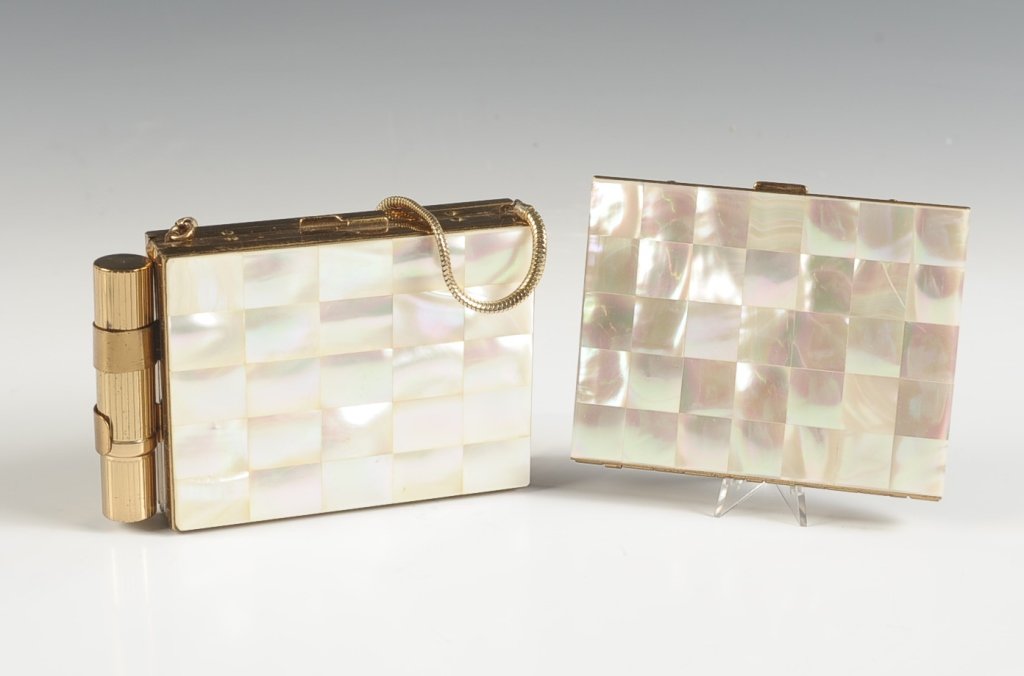 MOTHER OF PEARL MINIAUDIÈRE & MATCHING CIGARETTE CASE: Goldtone frame, chain handle, lipstick on the side, one side holds a hinged powder well with puff and a comb with slipcase, mirrored lid, the other side holds a cigarette compartment with hinged clip,