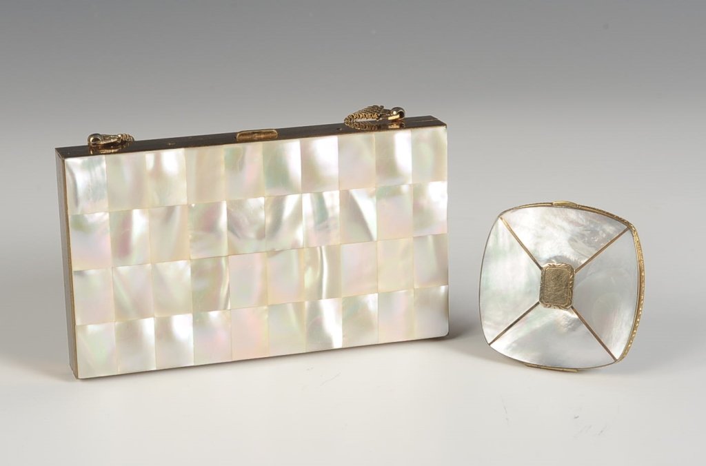 MOTHER OF PEARL MINIAUDIÈRE & LA MODE COMPACT: Large miniaudiere with mother of pearl on both sides, mesh chain handle, hinged metal mirror over a cigarette compartment in the lid, base holds a hinged powder well, coin purse with comb, lipstick, u
