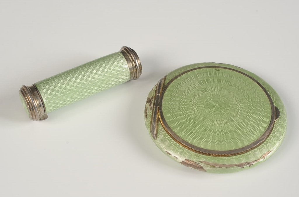 1926 STERLING GUILLOCHE COMPACT & AUSTRIAN GUILLOCHE: 1926 F&B Sterling compact with hand painted floral and gold butterfly on top, pop up mirror over a powder well in the base, rouge well with pan in the lid, marked on the rouge well, patent dated 1926,