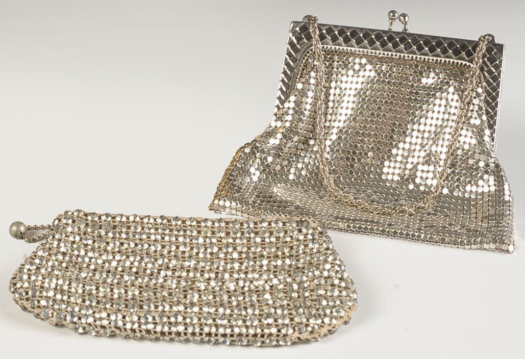 WHITING & DAVIS MESH BAG & JACQUELINE MODE PURSE: Silvertone Whiting and Davis armor mesh bag with chain handle, silvertone frame, satin lining, marked with a satin tag, measures 5 x 5.5 inches with a inch drop from the handle, excellent. Plus a Jacq