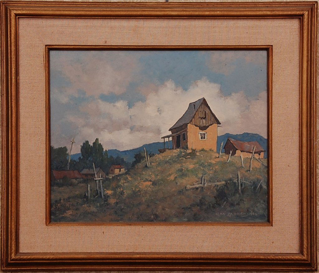 JEAN PARRISH (1911 - 2004) OIL ON MASONITE: Jean Parrish, daughter of American artist Maxfield Parrish, lived and worked in New Hampshire and throughout the Southwest. This image is signed and dated 1966 in the lower right and is very similar t