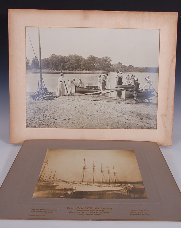 LARGE INTERESTING MOUNTED PHOTOS INCL SCHOONER FULLER: Two images including the Schooner FULLER PALMER that was broken up and sank at sea in 1914. Image sizes range from 10.25 x 12.25 inches to 15 x 19.75 inches.