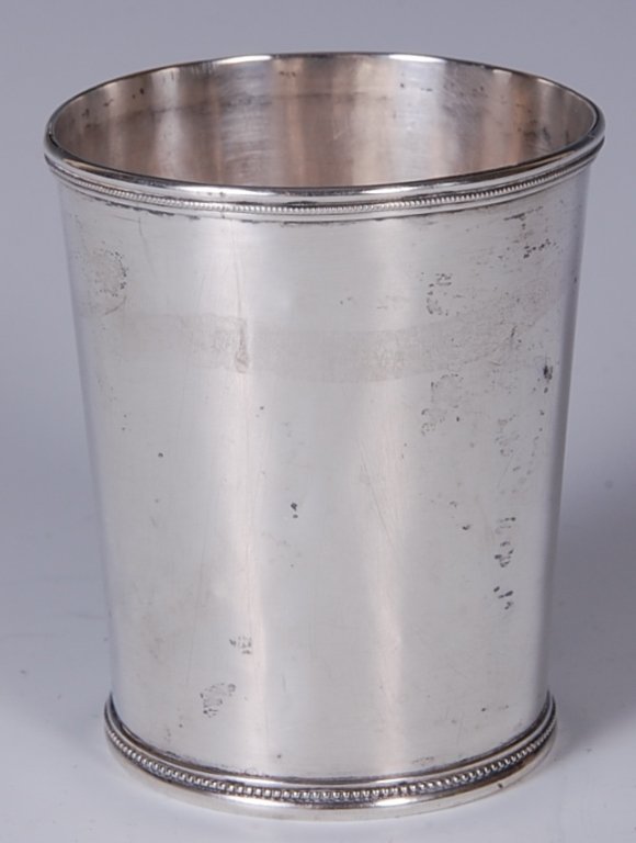 SAMUEL P. BAILEY INDIANAPOLIS COIN SILVER JULEP CUP: Stamped mark on the base as follows: S.P. Bailey Indianapolis (some portions obscured) F.C.A.S. PREMIUM. Coin silver julep cups were often awarded at agricultural fairs and equine events (Kentucky Der