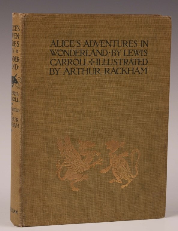 CARROLL, LEWIS, ALICE'S ADVENTURES IN WONDERLAND,: Illustrated by Arthur Rackham, 1907 edition, with 'proem by Austin Dobson.' Publ. by Heinemann. Green cloth hardcover, gilt printed animals on front cover. 8vo.