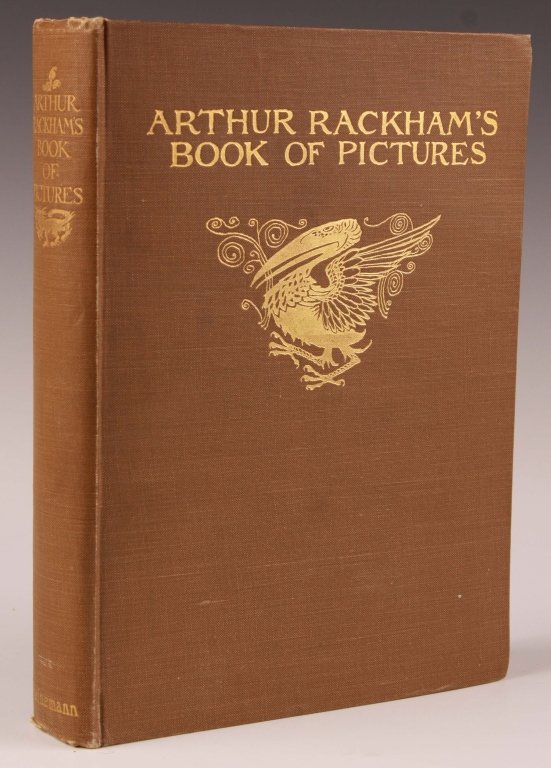 ARTHUR RACKHAM'S BOOK OF PICTURES, HEINEMANN 1913: Introduction by Sir Arthur Quiller-Couch, publ. by Heinemann, Sept. 1923 edition. Brown cloth boards with gilt title and illustration. All plates present.