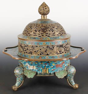 RARE MASSIVE 18TH CENTURY CHINESE CLOISONNE' BRAZIER: Chinese, massive three-part cloisonné enamel brazier with elephant-head tripod feet. The cylindrical brazier decorated with mythical symbols of good fortune, including the Isles of the Immortals emer