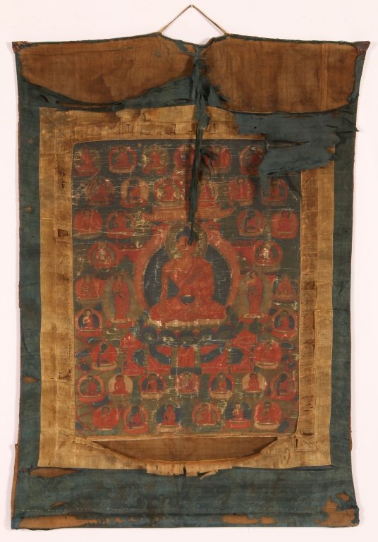 19TH CENTURY SINO TIBETAN PAINTED BUDDHIST THANGKA: An image of Buddha surrounded by other Buddha figures. Measures 45 x 31 inches overall 27 x 21 inch image.