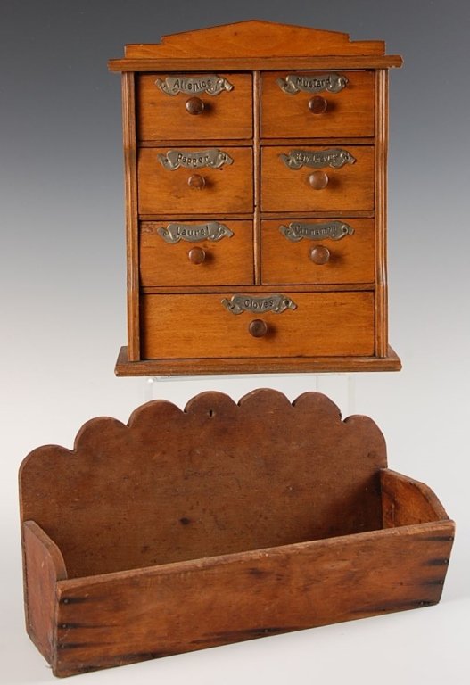 TWO 19TH CENTURY KITCHEN PRIMITIVES: Including a seven drawer spice box, and a 19th century American country primitive wall pocket. Two pieces, with one spice draw cabinet that measures 10.5 x 8.5 x 3 inches, and the other piece measures