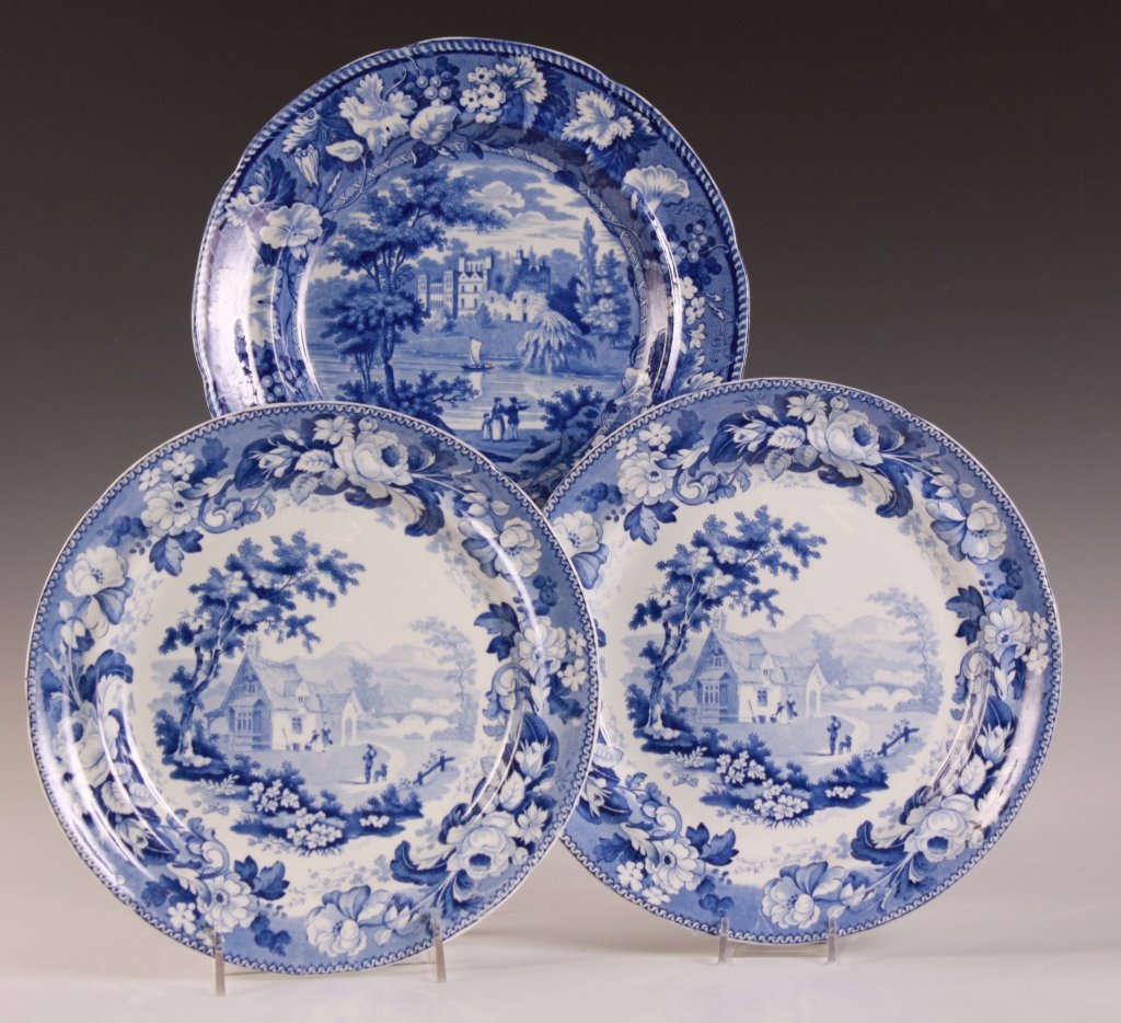 THREE HISTORICAL BLUE STAFFORDSHIRE PLATES: Two with impressed mark of 'Davenport' and the third with blue mark of 'Guys Cliff', Enoch wood. Three plates each measuring approximately 10 inches in diameter.