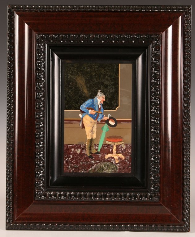 19TH CENTURY ITALIAN PIETRA DURA FRAMED PLAQUE: A man with a violin, measures 16.75 x 13.5 inches with the frame, sight size 8.5 x 5.5 inches.