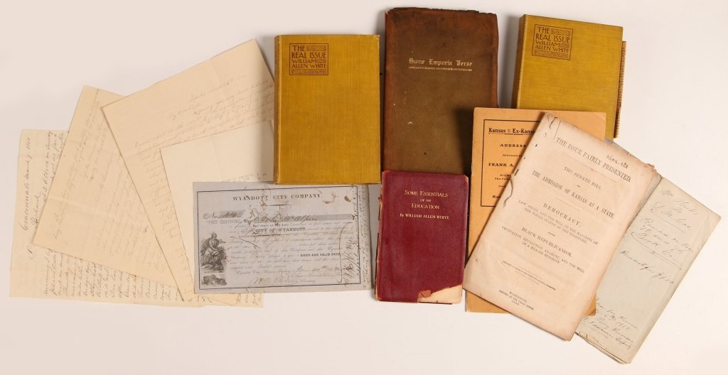 19TH / EARLY 20TH C. KANSAS RELATED BOOKS, LETTERS,: Includes two hardcover copies of 'The Real Issue' by William Allen White, published by Way and Williams, 1896, signed by the author, 8vo. Also 'Some Essentials of an Education' by W.A. White, signed b