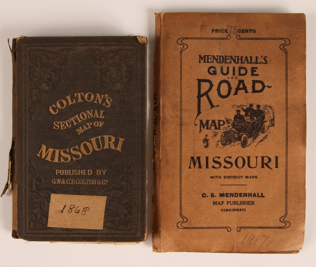 1868 COLTON'S MAP OF MISSOURI, 1917 MISSOURI ROAD MAP: An 1868 Colton's Sectional Map of Missouri, hardcover with tattered and loose spine. Also includes Mendenhall's Guide and Roadmap of Missouri, copyright 1917, folding pocket size.