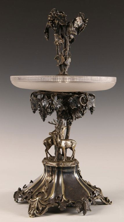 MAPPIN & WEBB SILVER-PLATE CENTERPIECE: With a frosted crystal tray, vineyard and deer motif, signed under the base, measures 17 x 9 inches.