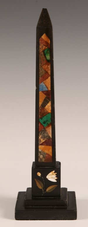 19TH CENTURY PIETRA DURA OBELISK: Black slate and hard stone inlay with a flower on the base, measures 10 x 3 x 3 inches.