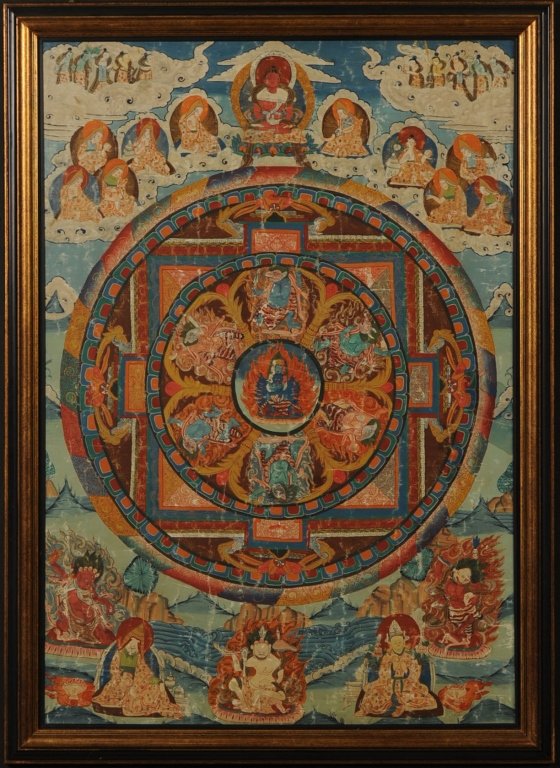 FRAMED 19TH CENTURY PAINTED BUDDHIST THANGKA: Measures 34 x 24.5 inches.