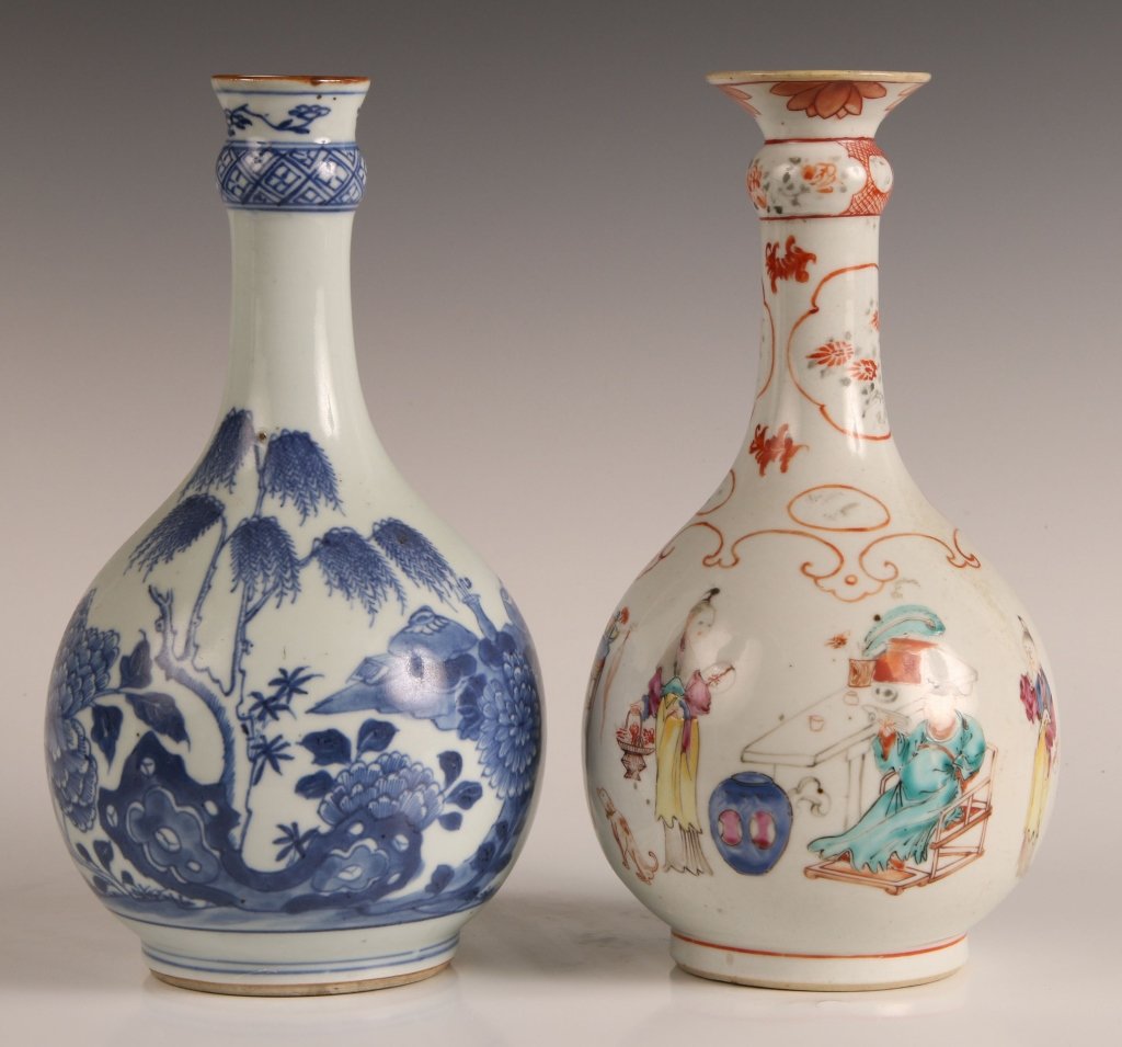 TWO CHINESE PORCELAIN VASES CIRCA 18TH /19TH CENTURY: Two Chinese porcelain pear-form bottle vases, both with long necks and flared rim on lip, 18th/19th century. One with underglaze blue design of willow tree landscape and the second with polychrome ove