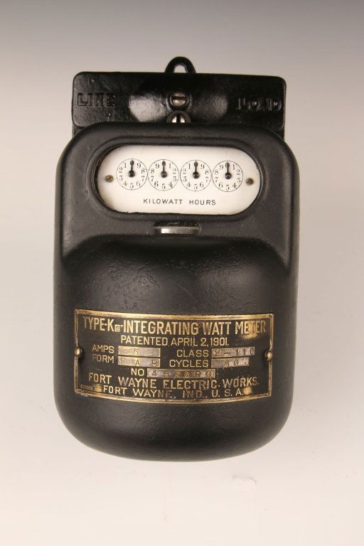 FT WAYNE TYPE K2 ELECTRIC WATT METER: Patented Apr. 2, 1901, rated 5A, form SAB, class 2-110, 60 cycles. Untested. Disk drum rotates. Measures approximately 6 x 8 x 7 inches, weighs approx 16 lbs.