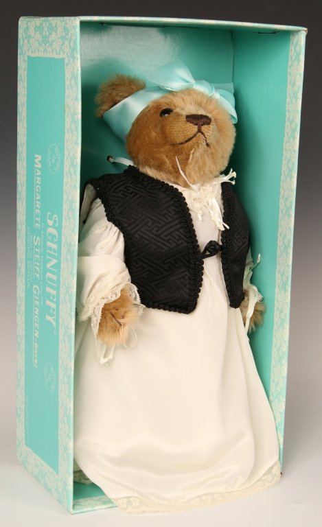 STEIFF SCHNUFFY DRESSED TEDDY BEAR IN BOX: 1986 Michele Dirksen Clise dressed teddy bear, 0227/33, button in ear, original box.