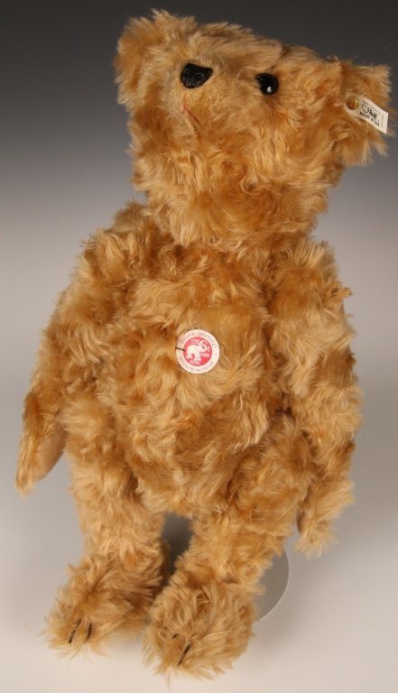 STEIFF TRUE REPLICA LIMITED EDITION BEAR WITH BOX: 1991 'True Replica' teddy bear with twine thread jointing, excelsior stuffing and sealing wax nose, 404108, limited edition of 6000, button in ear with white label, paper chest tag, original box.