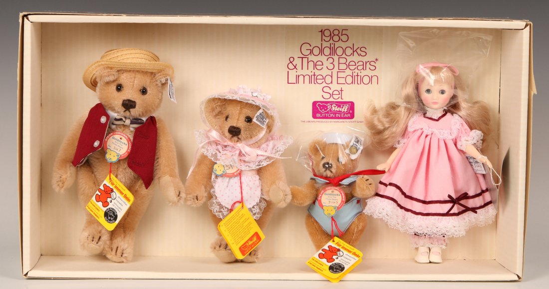 STEIFF GOLDILOCKS LIMITED EDITION GIFT SET: Three Steiff bears 0173/22, 18, 14, with a Suzanne Gibson doll, 1985 with Reeves International, set edition number 3127, with original box, buttons in ears, numbered chest tags, doll is tagged and sig
