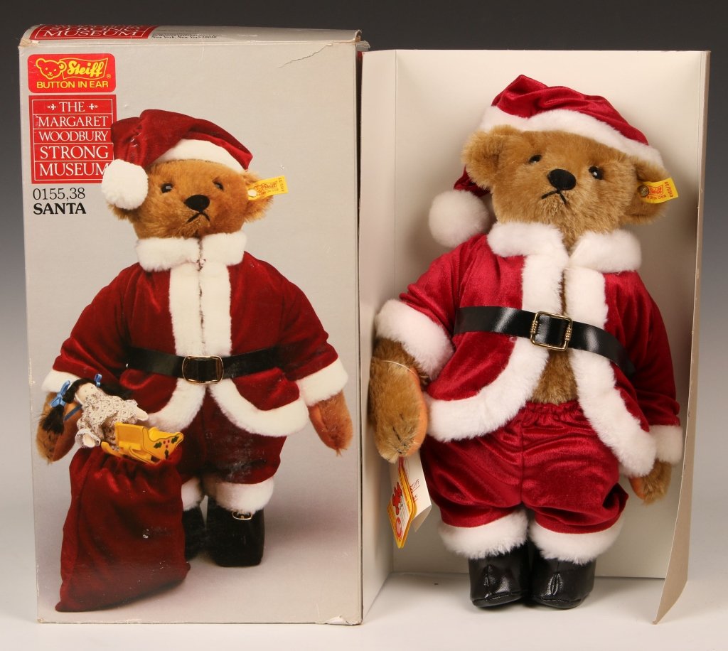 STEIFF SANTA BEAR WITH TOY SACK AND BOX: 1986 edition, 0155/38, button in ear with yellow label, with original box, measures 16 inches (40 cm).