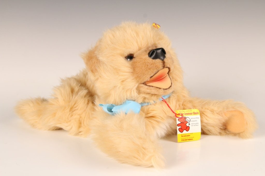 STEIFF MIMIC TEDDY BEAR PUPPET: 3490/45, button in ear with yellow tag, paper chest and hang tags, measures 17 inches (45 cm).