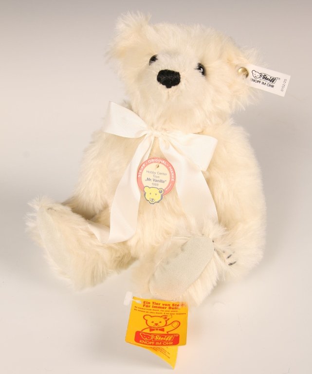 STEIFF MR. VANILLA LIMITED EDITION TEDDY BEAR: 1989 teddy bear for Hobby Center Toys, button in ear with white label, 0152/25, limited edition 537 of 1000, paper chest and hang tags, measures 9 inches (25 cm).
