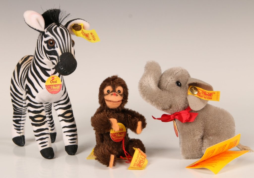 STEIFF OSSI ZEBRA, JOCKO CHIMP & JUMBO ELEPHANT: All with script button in ears, yellow labels, paper chest tags, measure from 3.5 to 7 inches.