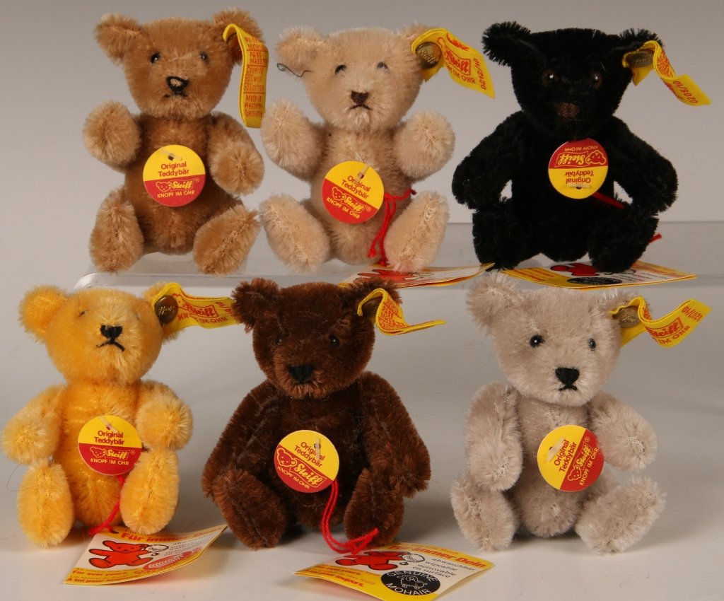 SIX MINIATURE STEIFF TEDDY BEARS: Numbers 0206 to 0208/10 and 0212 to 0214/10, buttons in ears with yellow labels, paper chest and hang tags, measures 4 inches (10 cm).
