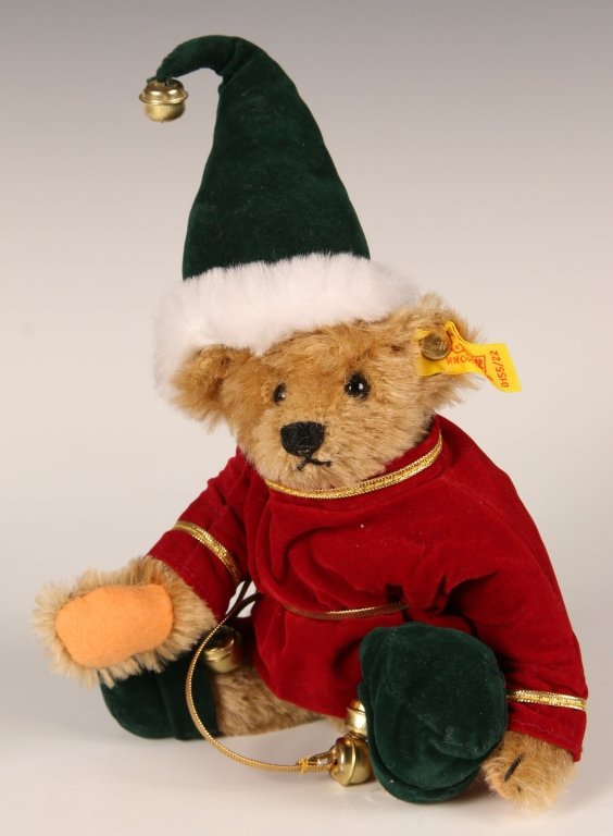 STEIFF SANTA'S ELF TEDDY BEAR: 1988, 0155/22 with yellow label, measures 8 inches (22 cm).