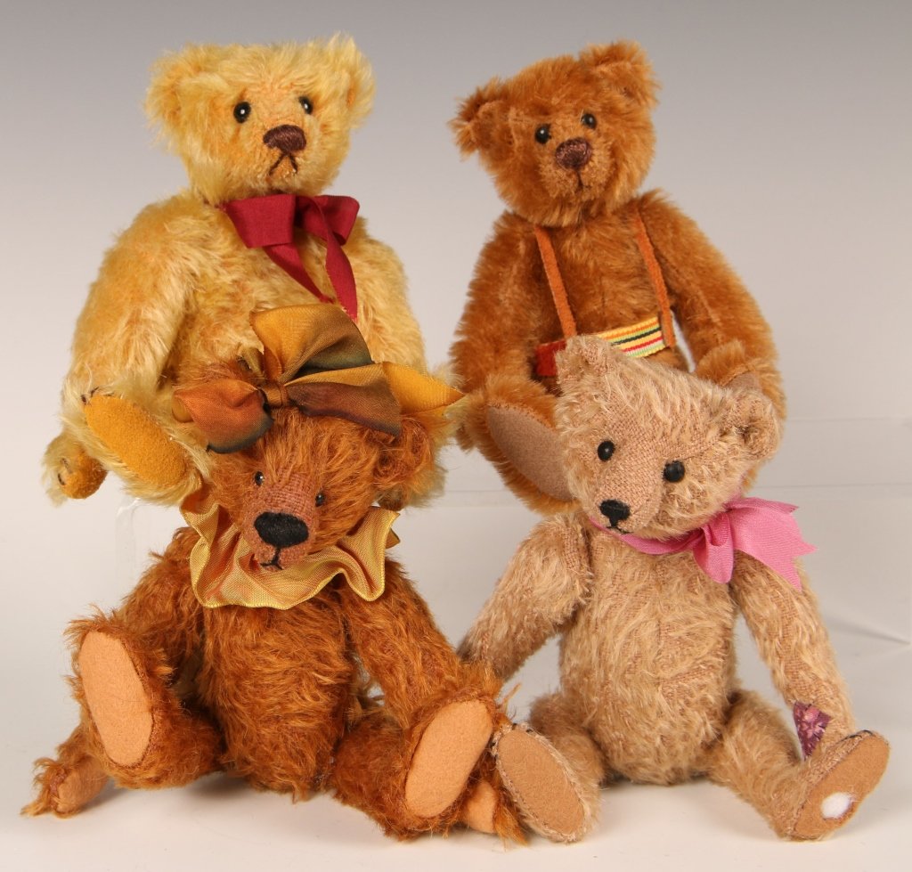 FOUR SMALL ARTISAN TEDDY BEARS: D.J.' by Terri Larson, Zucker Bears teddy plus two more, measure 7 inches each.